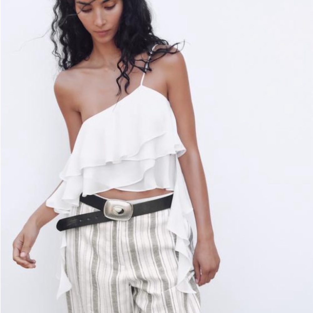 Zara White Ruffled One Shoulder Top